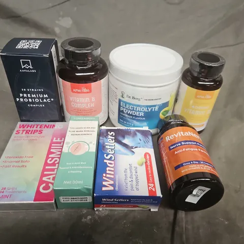 APPROXIMATELY 10 ASSORTED ITEMS TO INCLUDRE WHITENING STRIPS , VITAMINS AND WIND SETTLERS