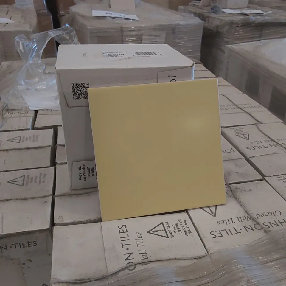 PALLET TO CONTAIN APPROX 96 X CARTONS OF JOHNSON PRISMATICS MIMOSA SATIN GLAZED WALL TILES - 25 TILES PER CARTON // SIZE: 197 X 197 X 6.5mm