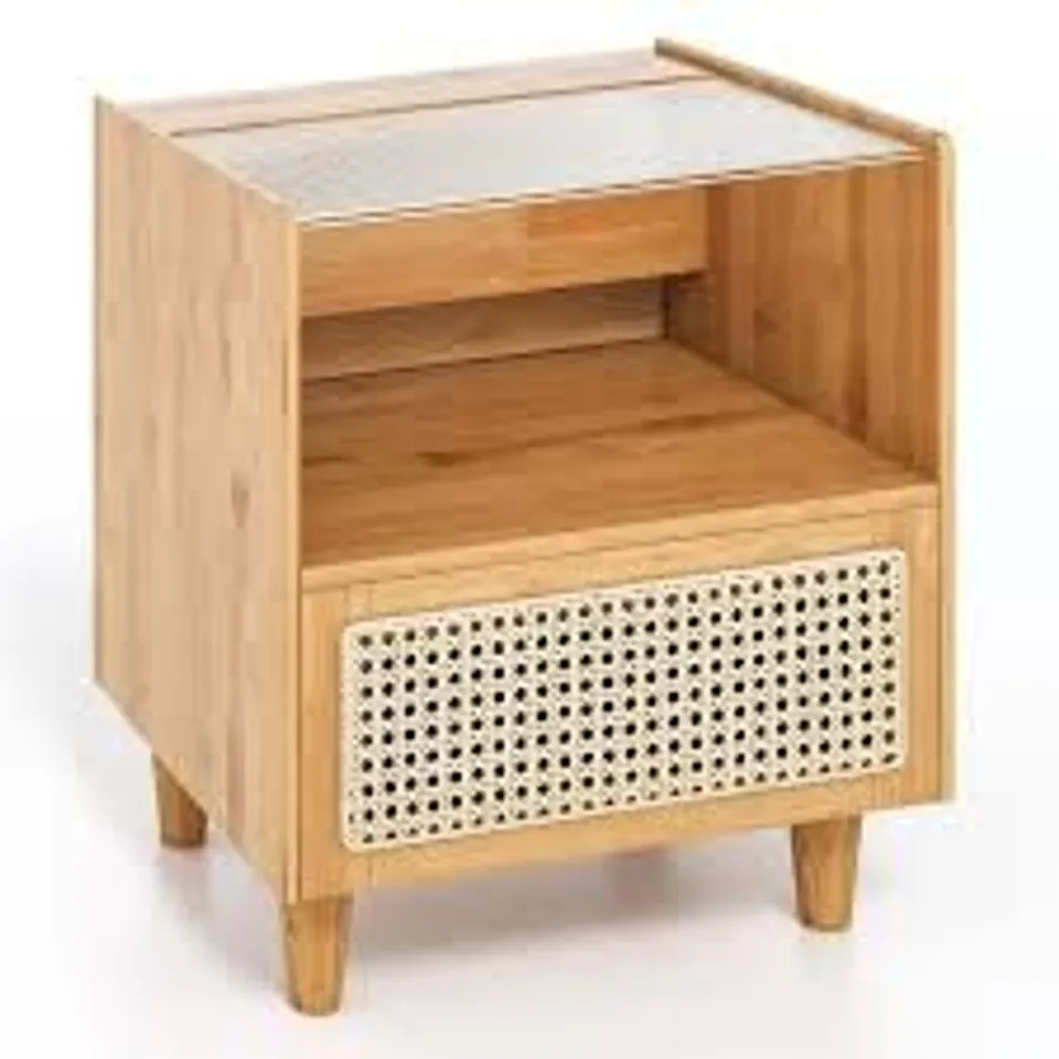 BOXED BAMBOO RATTAN NIGHTSTAND WITH DRAWER AND SOLID WOOD LEGS FOR BEDROOM LIVING ROOM - NATURAL (1 BOX)