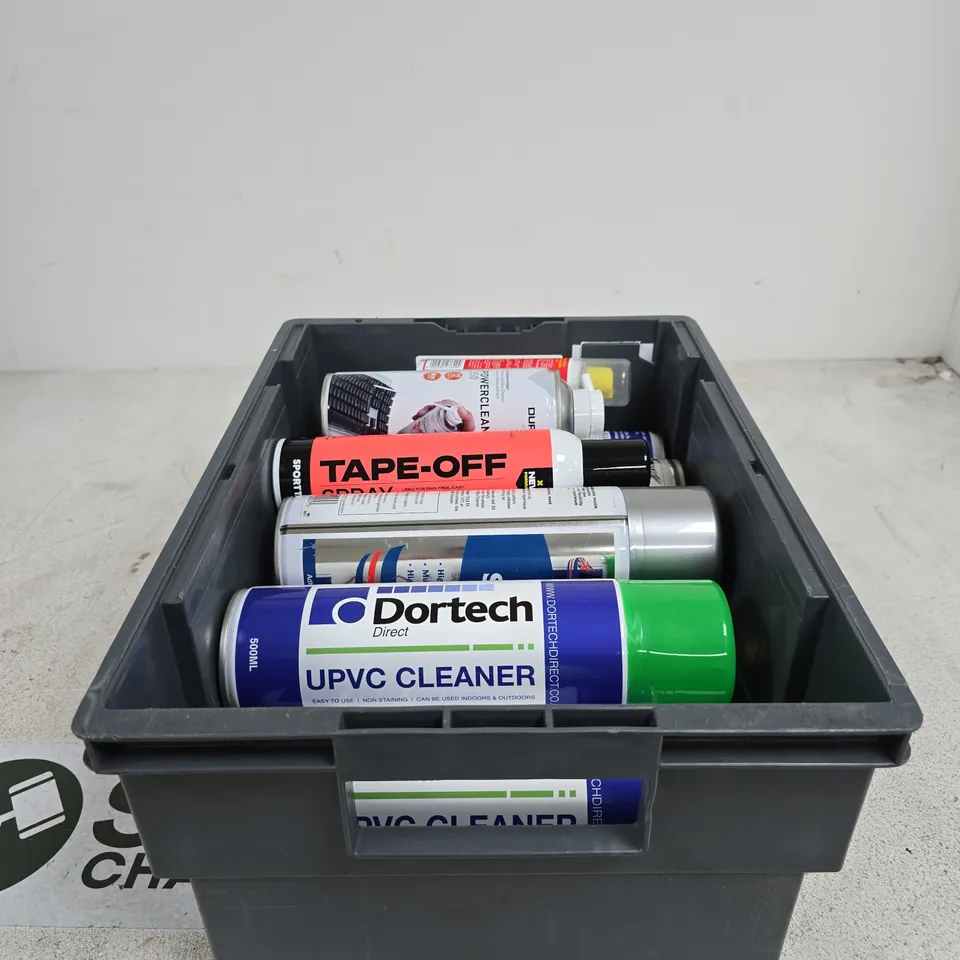 TOTE OF APPROXIMATELY 12 ASSORTED AEROSOL PRODUCTS TO INCLUDE UPVC CLEANER, TAPE OFF SPRAY, POWER CLEAN 350, TRIM SPRAY ETC