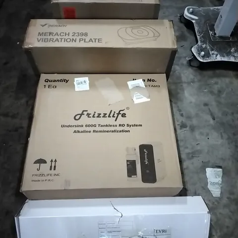 PALLET OF HOUSEHOLD ITEMS TO INCLUDE SHOWER MIXER WITH KIT,UNDERSINK 600G THANKLESS RO SYSTEM, VIBRATION PLATE, CEILING LIGHT AND OTHER ASSORTED ITEMS....