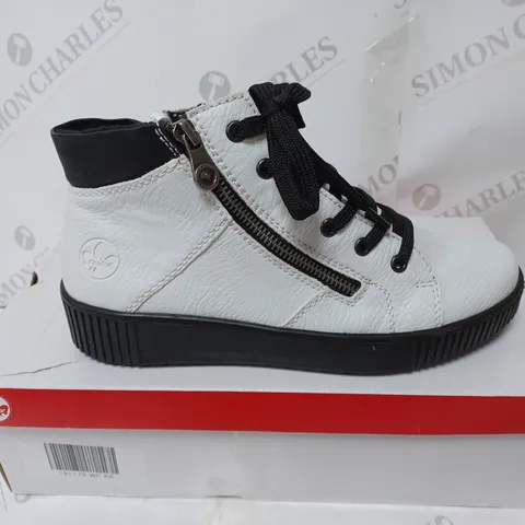 BOXED PAIR OF RIEKER HIGH TOP CUFFED TRAINERS WHITE SIZE 6