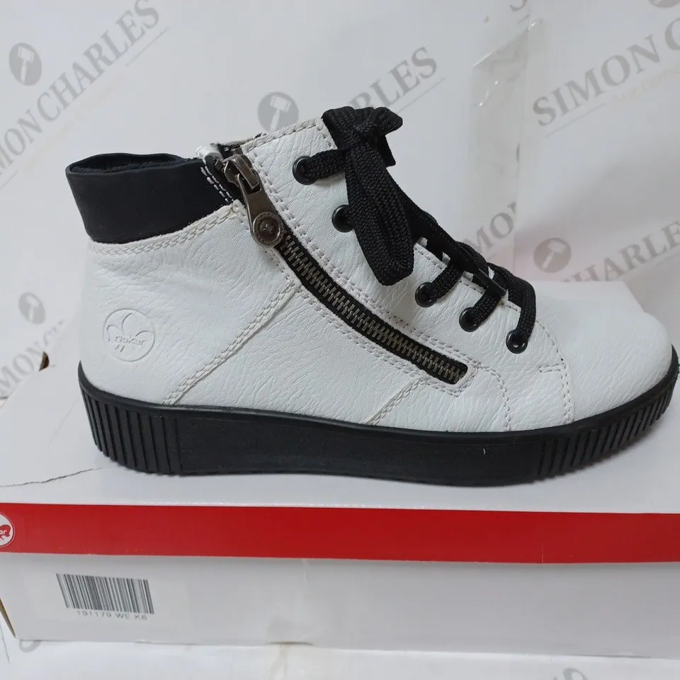 BOXED PAIR OF RIEKER HIGH TOP CUFFED TRAINERS WHITE SIZE 6