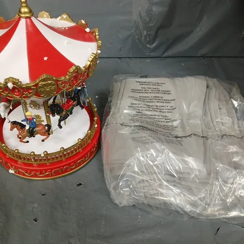 BOX OF ASSORTED ITEMS TO INCLUDE CAROUSEL AND TEA TOWELS