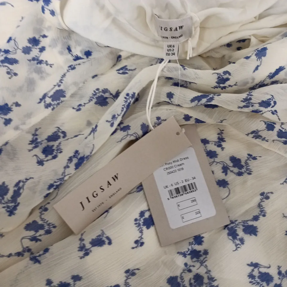 JIGSAW SWIRL POSY MIDI DRESS – CREAM WITH BLUE FLORAL, UK 6 (US 2, EU 34)