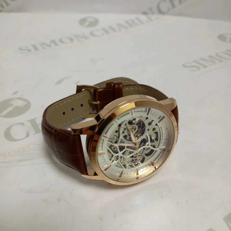 MENS ZIHLMANN & CO AUTOMATIC WATCH - Z210 – SKELETON DIAL – GOLD COLOUR CASE – GENUINE LEATHER CASE – HAND ASSEMBLED