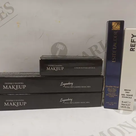 LOT OF 5 ASSORTED MAKEUP PRODUCTS TO INCLUDE ESTEE LAUDER CONCEALER - #1N, REFY BROW TINT - #MEDIUM BROWN, FEDERICO MAHORA FULL HD LASHES MASCARA, ETC