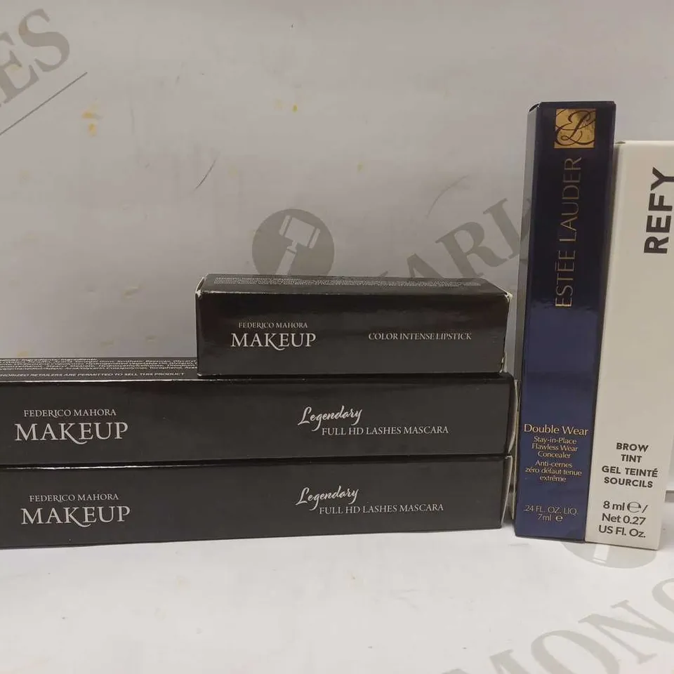 LOT OF 5 ASSORTED MAKEUP PRODUCTS TO INCLUDE ESTEE LAUDER CONCEALER - #1N, REFY BROW TINT - #MEDIUM BROWN, FEDERICO MAHORA FULL HD LASHES MASCARA, ETC