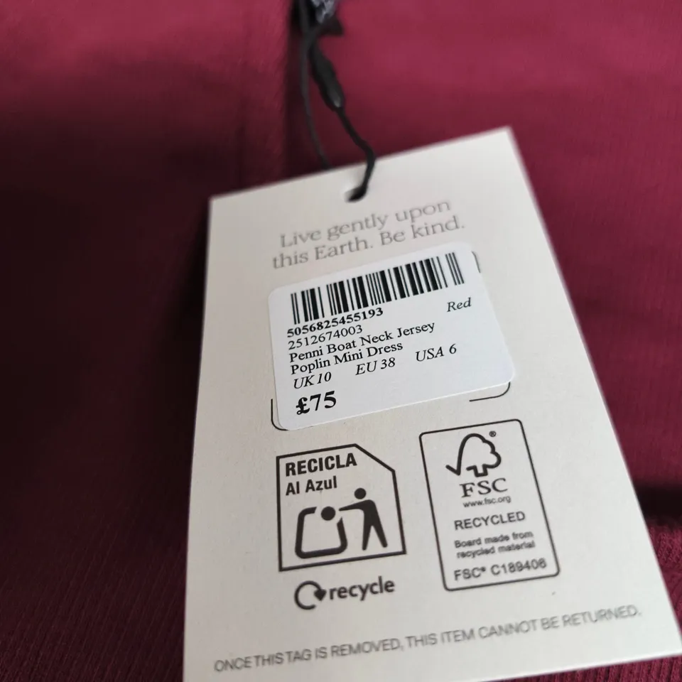 NOBODY'S CHILD PENNI RED BOAT NECK JERSEY POPLIN MINI DRESS, UK 10 (EU 38, USA 6)