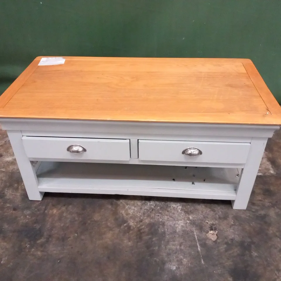 DESIGNER GREY AND OAK EFFECT FOUR DRAWER COFFEE TABLE