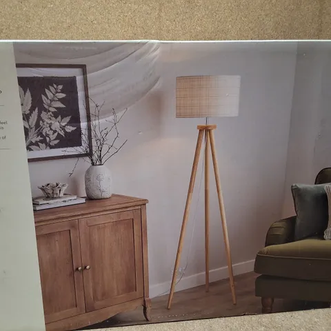 BOXED DUNELM JANDIA FLOOR LAMP β WOOD TRIPOD WITH CHECKED SHADE