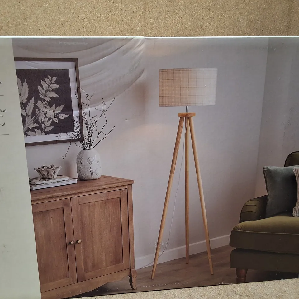 BOXED DUNELM JANDIA FLOOR LAMP – WOOD TRIPOD WITH CHECKED SHADE