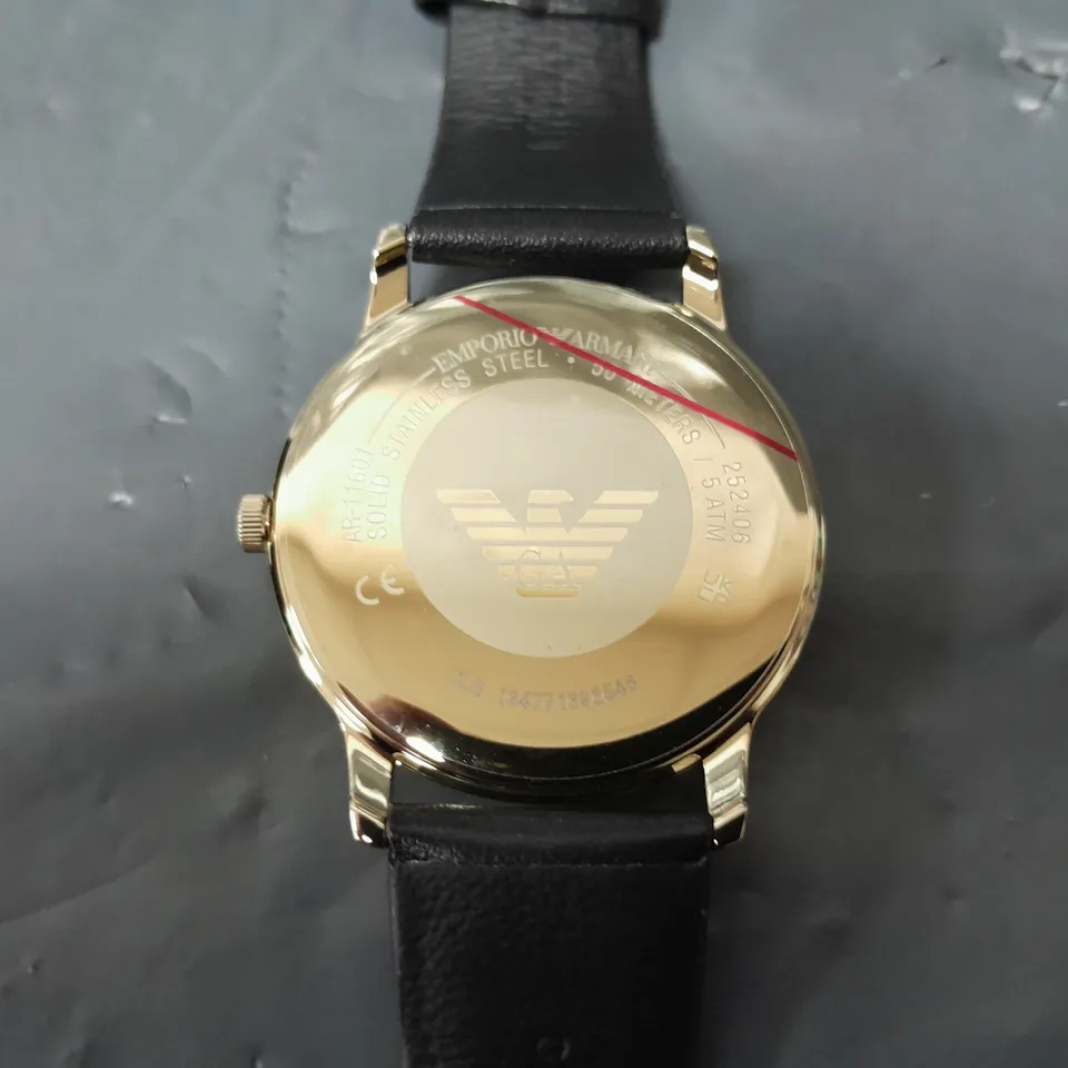 BOXED EMPORIO ARMANI BLACK LEATHER STRAP WATCH IN GREEN/GOLD