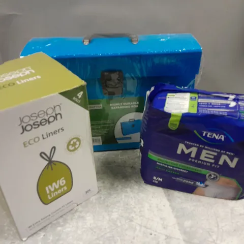 APPROXIMATELY 20 ASSORTED HOUSEHOLD ITEMS TO INCLUDE TENA MENS PROTECTIVE UNDERWEAR, ECO LINERS, ADEPTNA EXPANDING BOX, ETC