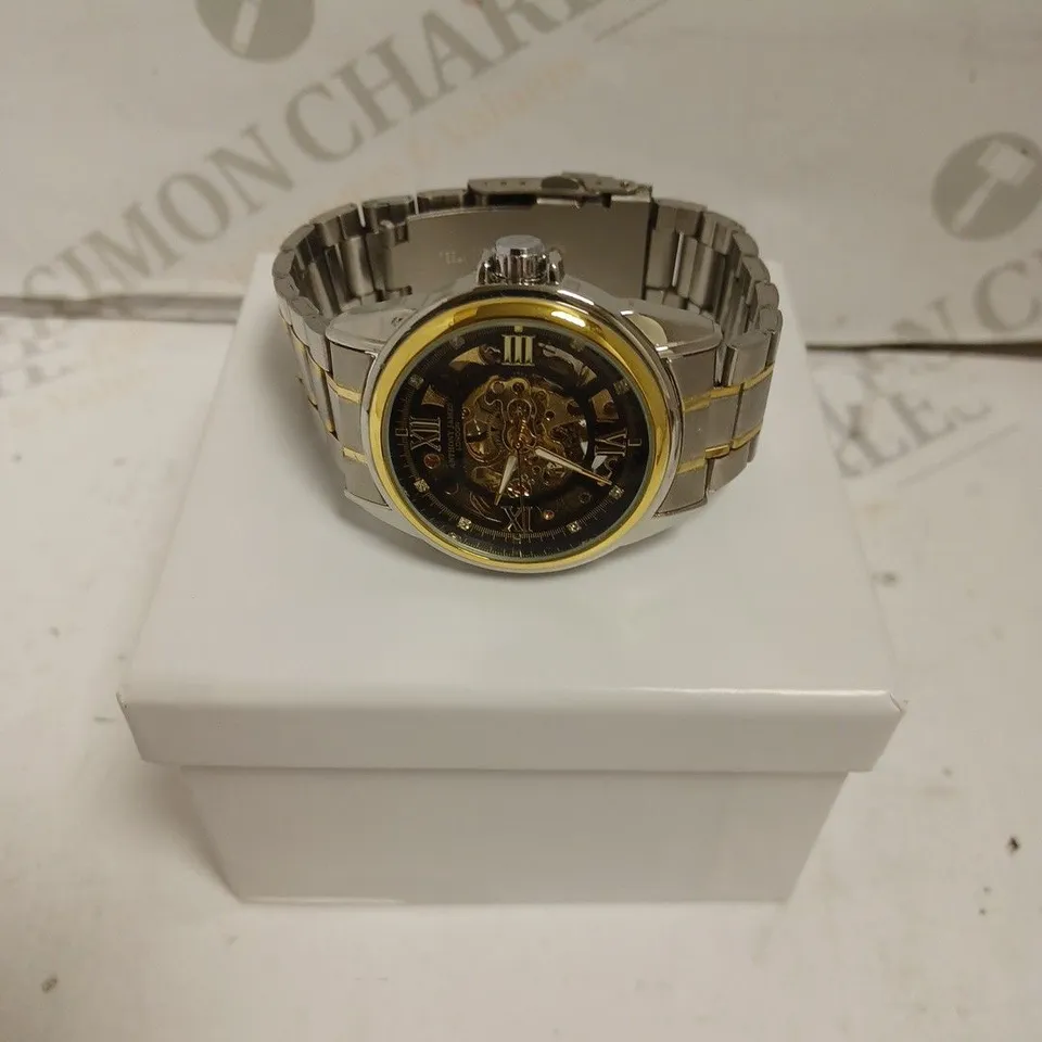 BOXED ANTHONY JAMES CHRONO SPORTS WATCH - AUTOMATIC - SKELETON FACE - STAINLESS STEEL - WATER RESISTANT. 