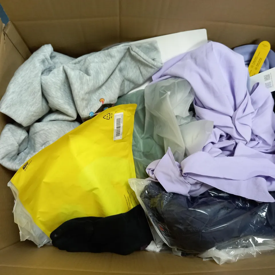 BOX TO INCLUDE 50 ASSORTED CLOTHING ITEMS TOO INCLUDE TOPS , TROUSERS AND DRESSES , ETC 