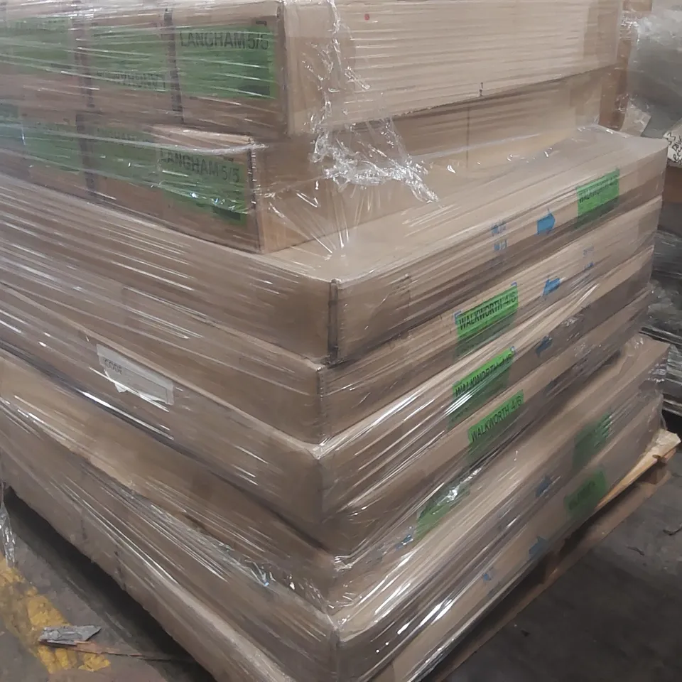 PALLET CONTAINING A VERY LARGE QUANTITY OF ASSORTED DESIGNER FURNITURE PARTS INCLUDING: BED PARTS ECT
