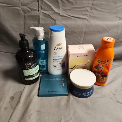 APPROXIMATEY 20 ASSORTED HEALTH AND BEAUTY PRODUCTS TO INCLUDE - DOVE BODY WASH - GRACE & STELLA ENERGIZING EYE MASKS - VIRTUE RESTORATIVE TREATMENT MASK - ETC