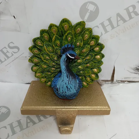 SET OF TWO ALISON CORK ANIMAL STOCKING HOLDERS PEACOCK