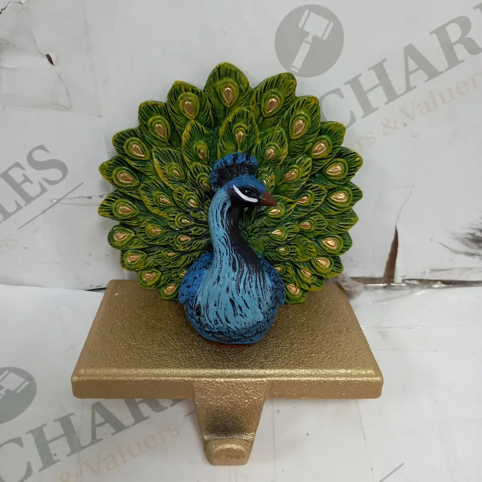 SET OF TWO ALISON CORK ANIMAL STOCKING HOLDERS PEACOCK