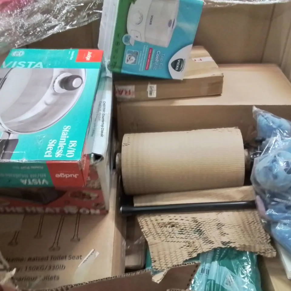 PALLET OF ASSORTED HOUSEHOLD GOODS AND PRODUCTS TO INCLUDE;MULTIFUNCTIONAL FOOD PROCESSOR,MICROWAVE,OVERBED TABLE 