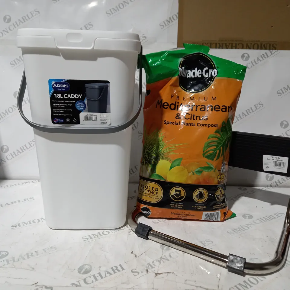 3 ASSORTED ITEMS TO INCLUDE ADDIS 18L CADDY, FOOT REST, AND MIRACLE-GRO MEDITERRANEAN CITRUS COMPOST 