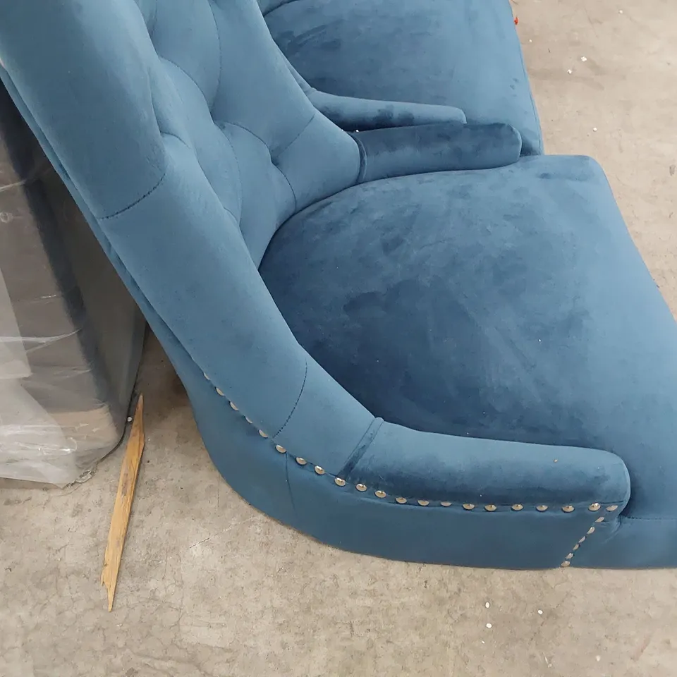 PAIR UPHOLSTERED BUTTONED BACK DINING CHAIRS BLUE PLUSH FABRIC 