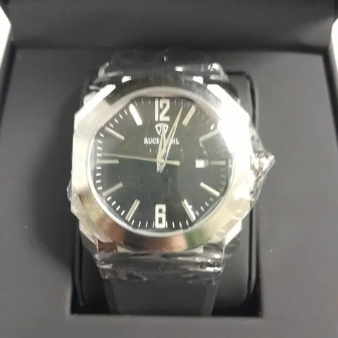 MENS RUCKSTUHL BLACK DIAL WATER RESISTANT WATCH WITH STAINLESS STEEL CASE AND RUBBER STRAP IN GIFT BOX
