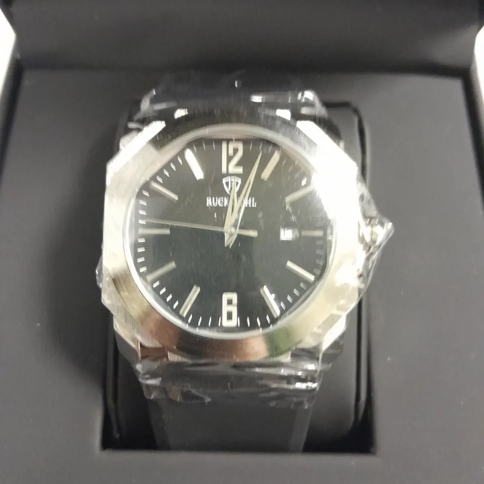 MENS RUCKSTUHL BLACK DIAL WATER RESISTANT WATCH WITH STAINLESS STEEL CASE AND RUBBER STRAP IN GIFT BOX