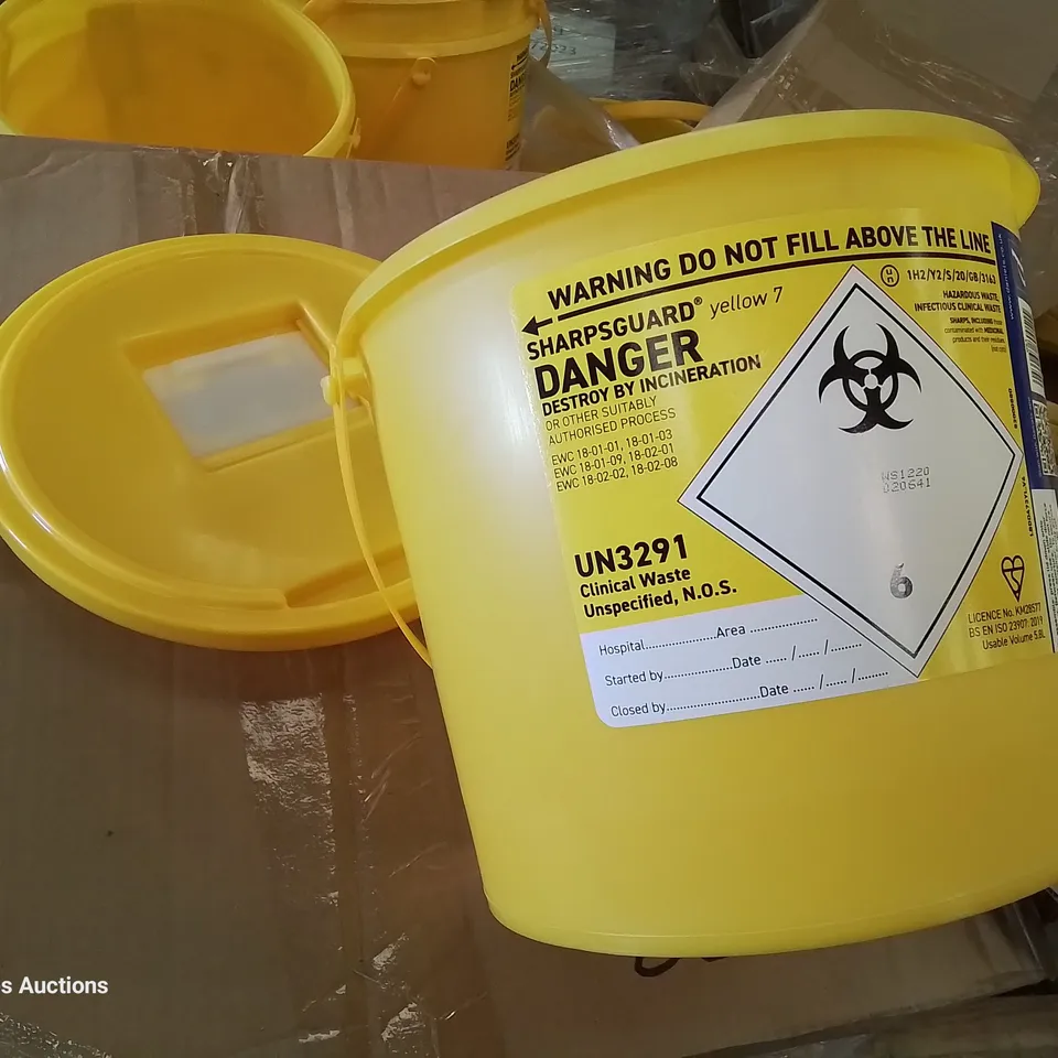 PALLET OF APPROXIMATELY 80 SHAPRGUARD YELLOW 7 HAZARDOUS WASTE BUCKETS & LIDS