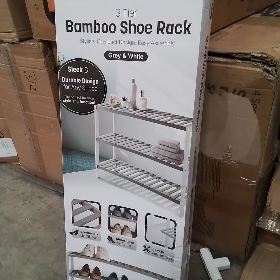 BOXED KEPLIN 3 TIER BAMBOO SHOE RACK GREY&WHITE