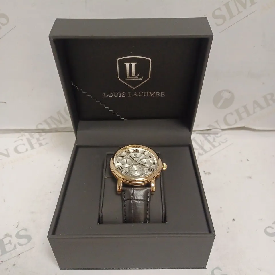 MENS LOUIS LACOMB WATCH WITH ROMAN NUMERALS – SUB DIALS WITH DATE – STAINLESS STEEL FACE – LEATHER STRAP – 3ATM WATER RESISTANT 