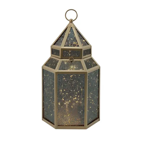 HOME STORIES MERCURY GLASS LARGE LANTERN WITH RICE LIGHTS