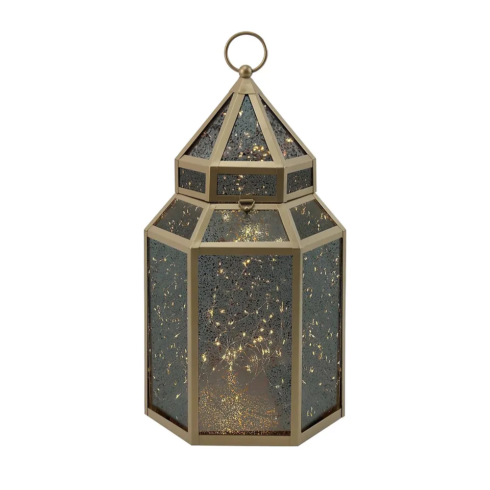 HOME STORIES MERCURY GLASS LARGE LANTERN WITH RICE LIGHTS
