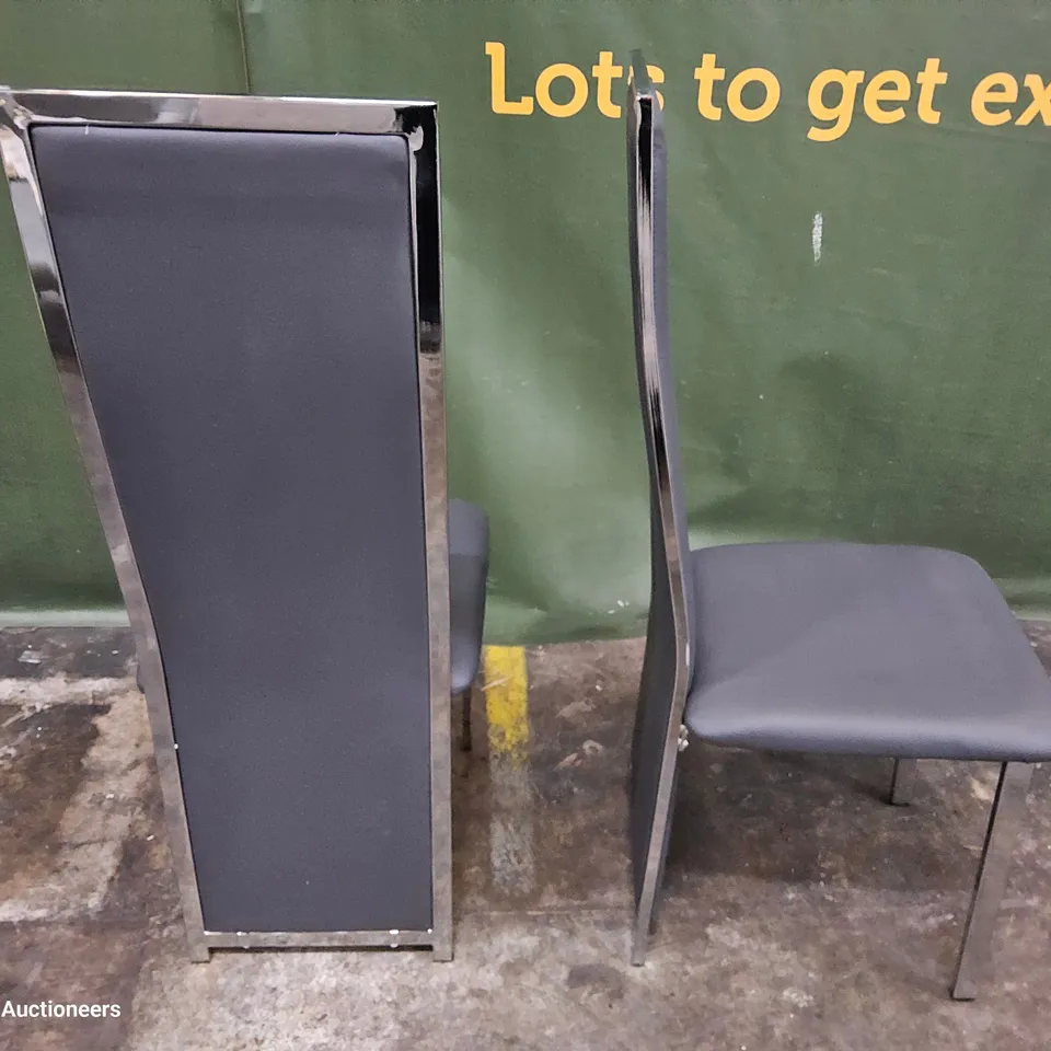 PAIR CHROME FRAMED HIGH BACKED UPHOLSTERED DINING CHAIRS GREY PU