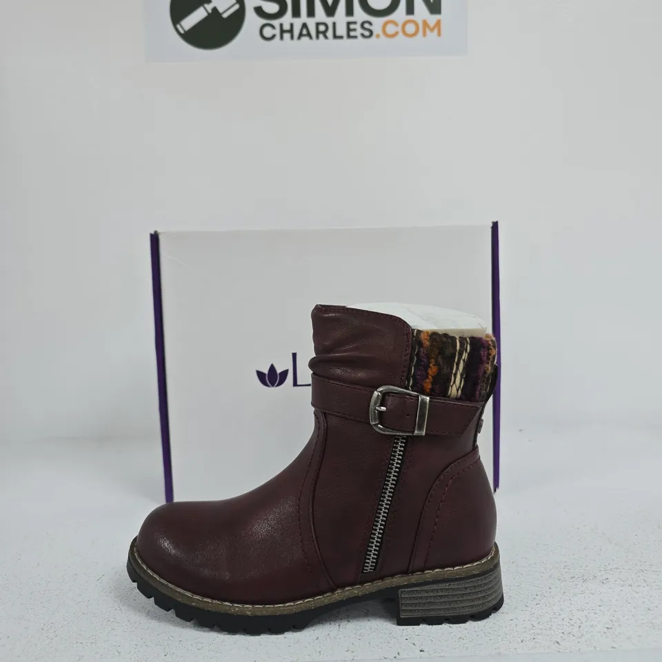 WOMEN’S BURGUNDY LEATHER ANKLE BOOT WITH SIDE ZIP & BUCKLE SIZE EU 36