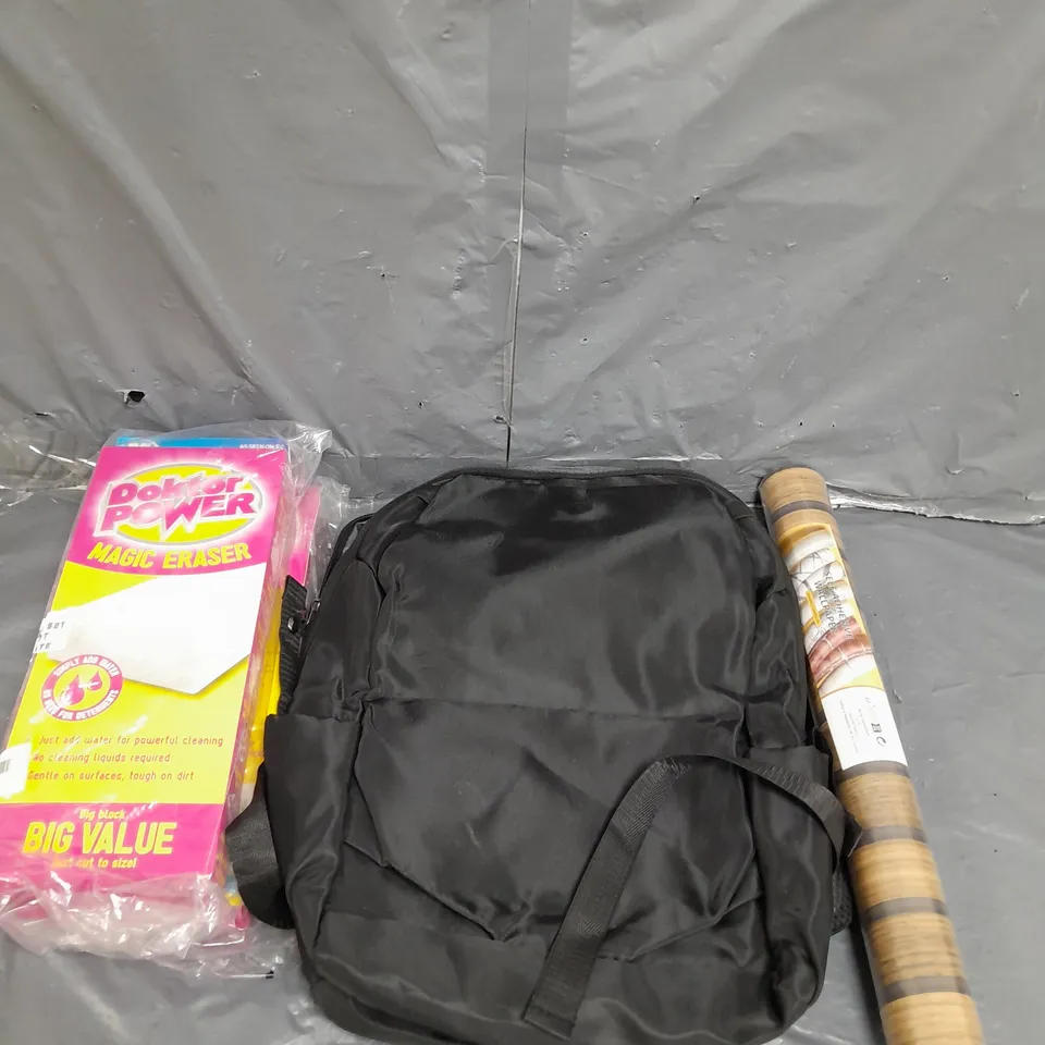 APROXIMATELY 10 ASSORTED HOUSEHOLD ITEMS TO INCLUDE BAGS , MAGI ERASER , WALLPAPER , ETC 