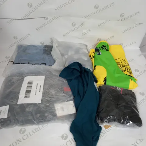 LARGE BOX OF ASSORTED CLOTHING ITEMS IN VARIOUS COLOURS AND SIZES INCLUDING TROUSERS , TOPS AND JUMPERS