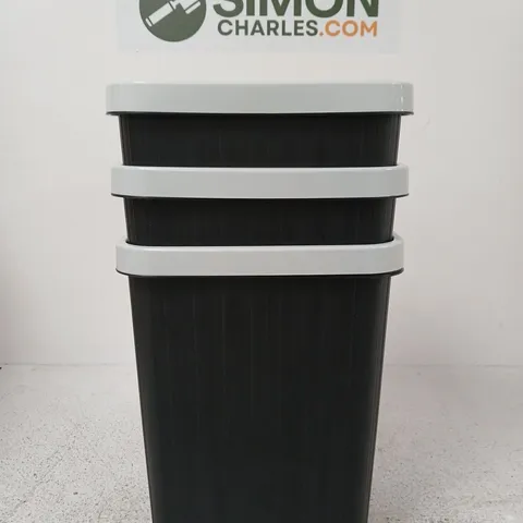 SET OF 3 BLACK PLASTIC STORAGE BINS WITH LIGHT GREY LIDS