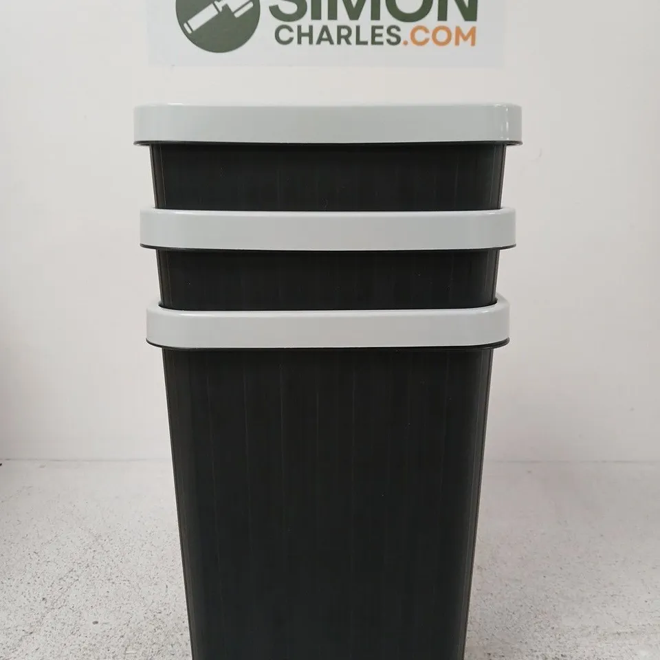 SET OF 3 BLACK PLASTIC STORAGE BINS WITH LIGHT GREY LIDS