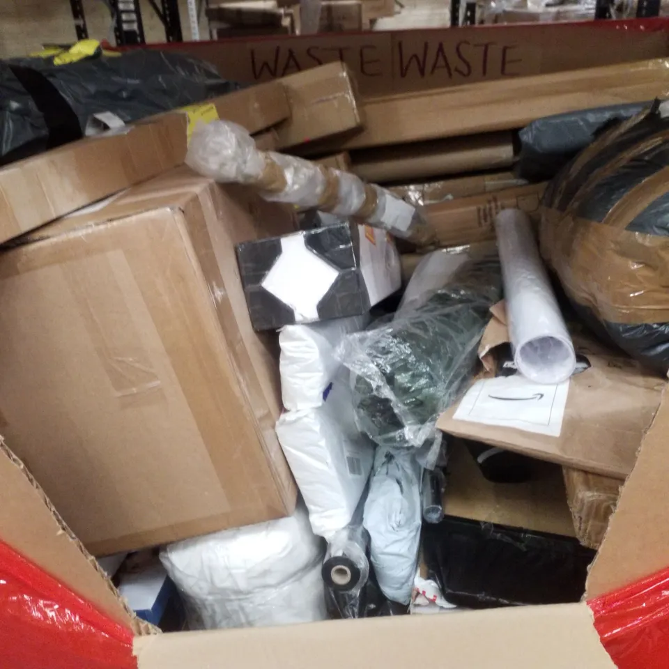 PALLET CONTAINING ASSORTED PRODUCTS INCLUDING OPTIMUM LITE BACK LIT PANEL, HALF BALANCE BALL, WALL CLOCK, EV CHARGER & RUG