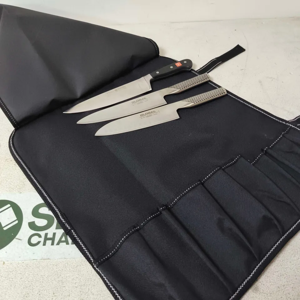 GLOBAL 3-PIECE STAINLESS STEEL KNIFES IN BLACK ROLL CASE