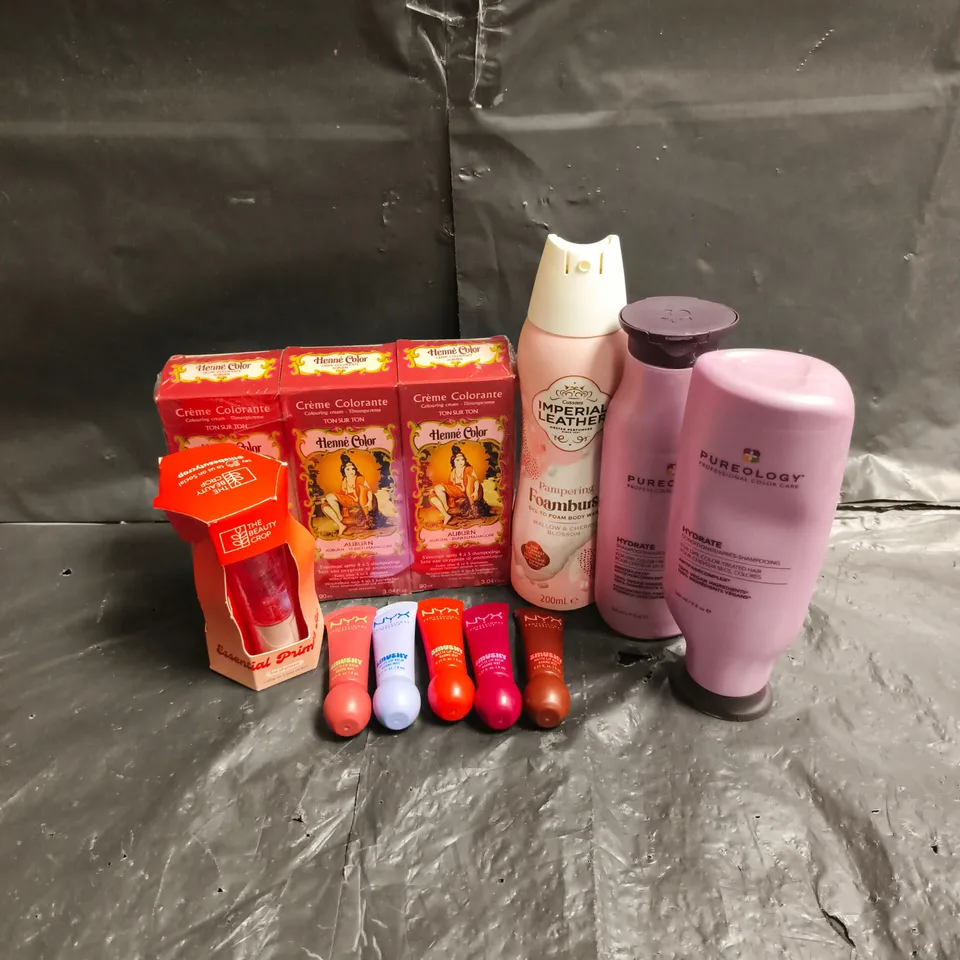 APPROXIMATEY 20 ASSORTED HEALTH AND BEAUTY PRODUCTS TO INCLUDE - NYX LIP BALMS - PUREOLOGY SHAMPOO & CONDITIONER - IMPERIAL LEATHER FOAM BODY WASH - ETC