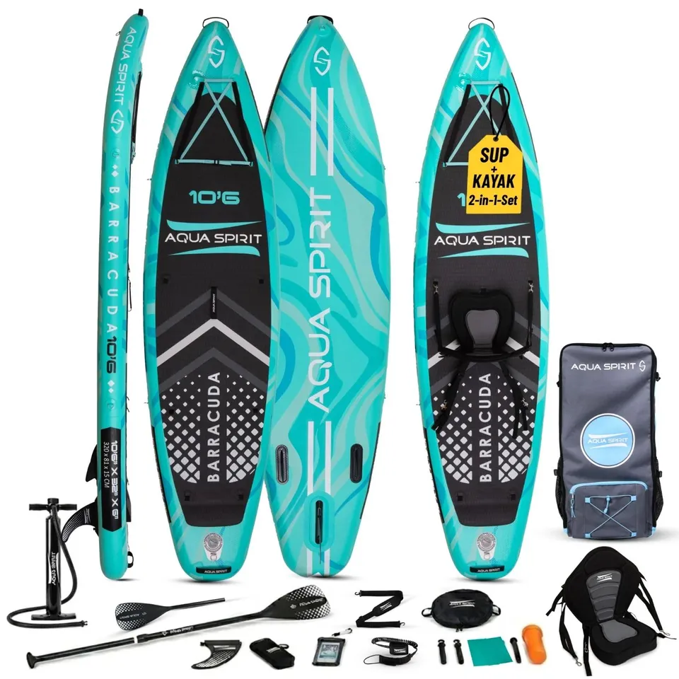 BOXED AQUA SPIRIT BARRACUDA SUP INFLATABLE STAND UP PADDLE BOARD, 10'6X32”X6”