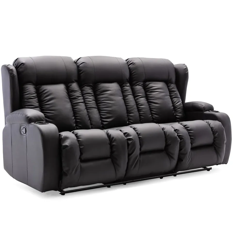 BOXED CAESAR BLACK FAUX LEATHER MANUAL RECLINING THREE SEATER SOFA (1 BOX)