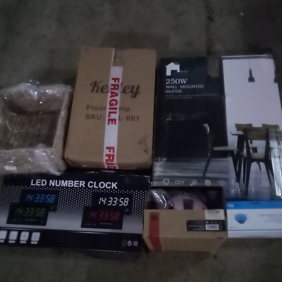 PALLET OF ASSORTED ITEMS INCLUDING LED NUMBER CLOCK, FLOOR LAMP, KIDS CYCLING HELMET, 250W WALL MOUNTED HEATER, SINGLE USE FACE MASKS, M-DESIGN WEAVE PANTRY BASKET