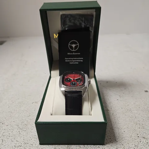 MANN EGERTON WRISTWATCH WITH RED CHRONOGRAPH DIAL – BLACK LEATHER STRAP, BOXED