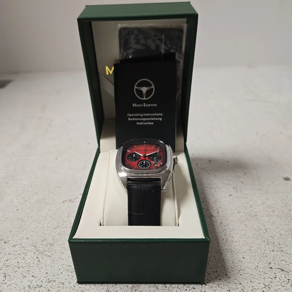 MANN EGERTON WRISTWATCH WITH RED CHRONOGRAPH DIAL – BLACK LEATHER STRAP, BOXED