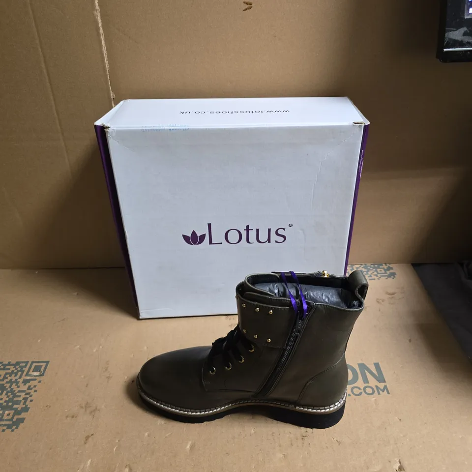 LOTUS LEATHER ANKLE BOOTS – OLIVE GREEN, STUDDED COLLAR & ZIPPER - UK SIZE 4