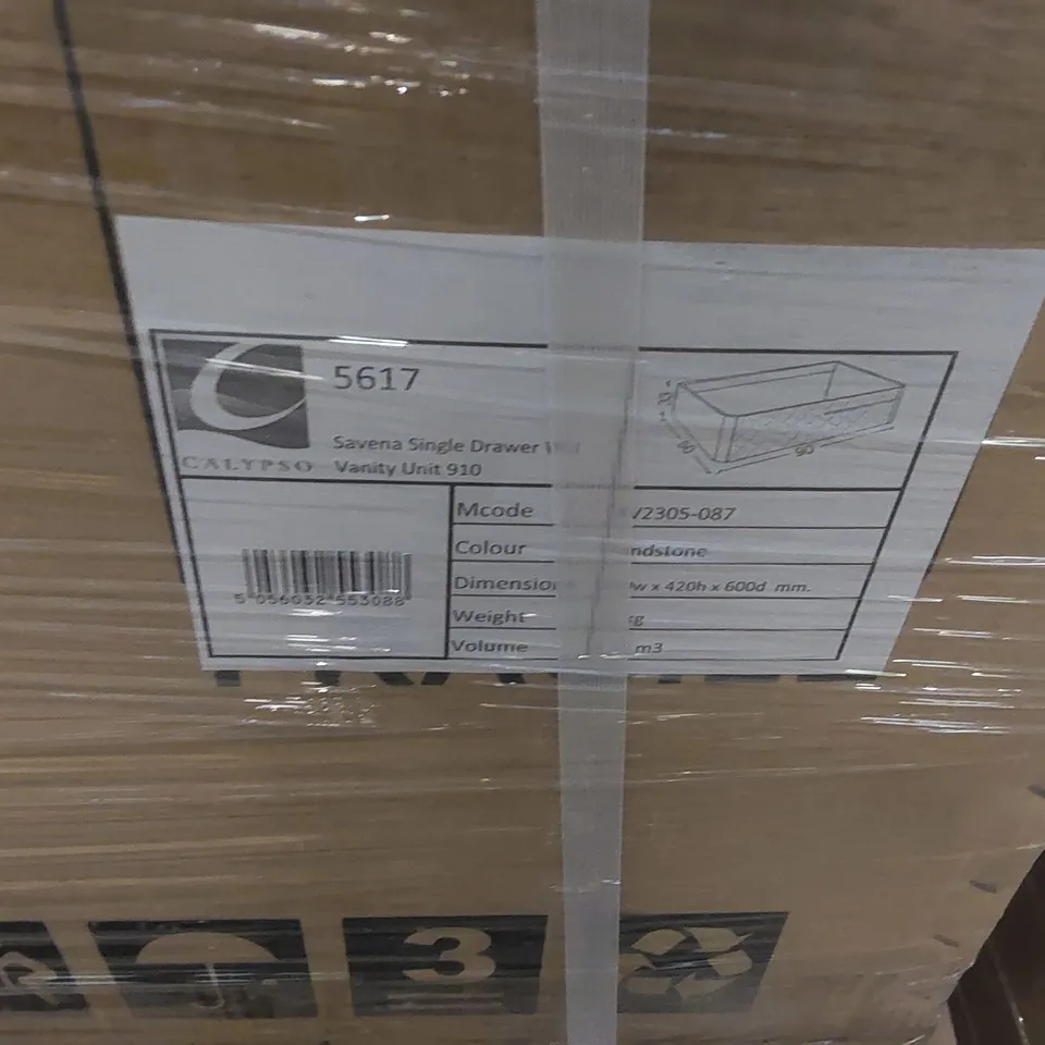 PALLET CONTAINING A LARGE QUANTITY OF BRAND NEW BRAND NEW SAVENA SINGLE DRAWER VANITY BASE UNIT
